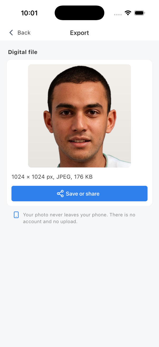 Export screen showing the digital file size